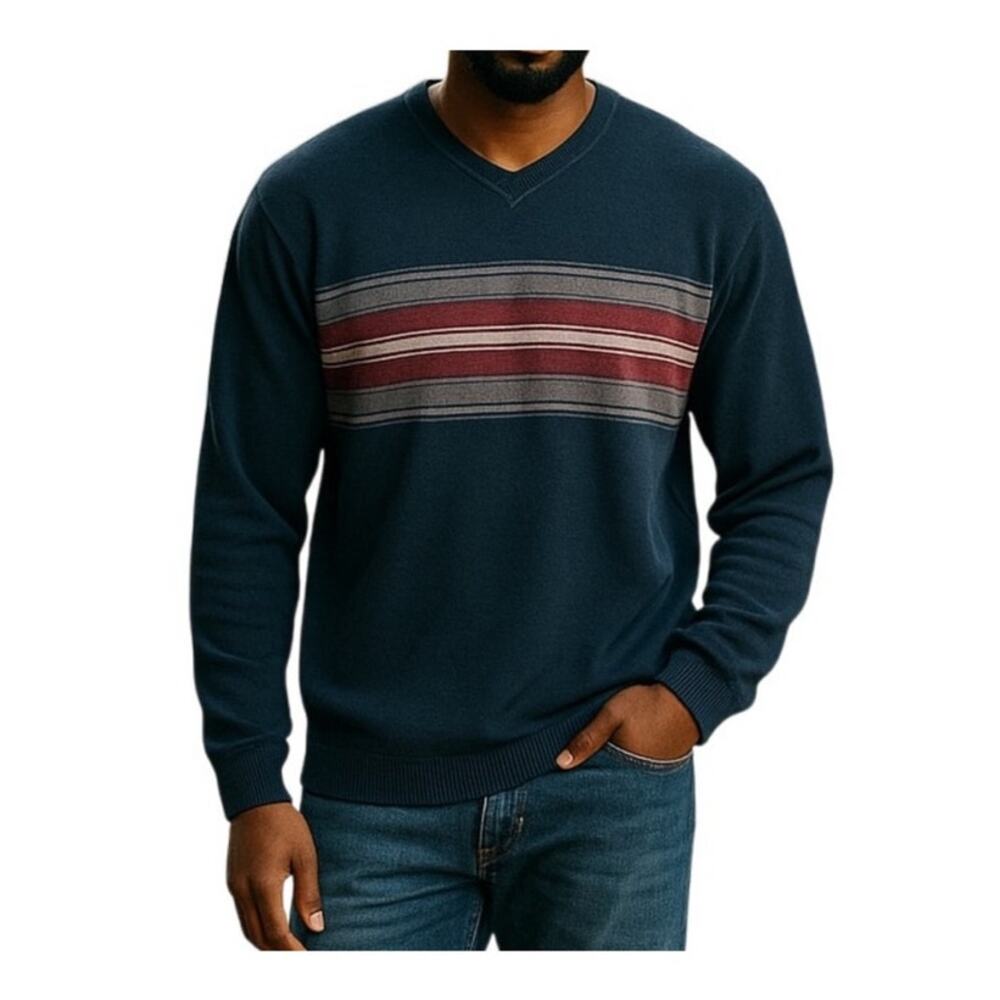 Banana Republic 100% Cotton V Neck Blue Striped Sweater Men's L Pullover